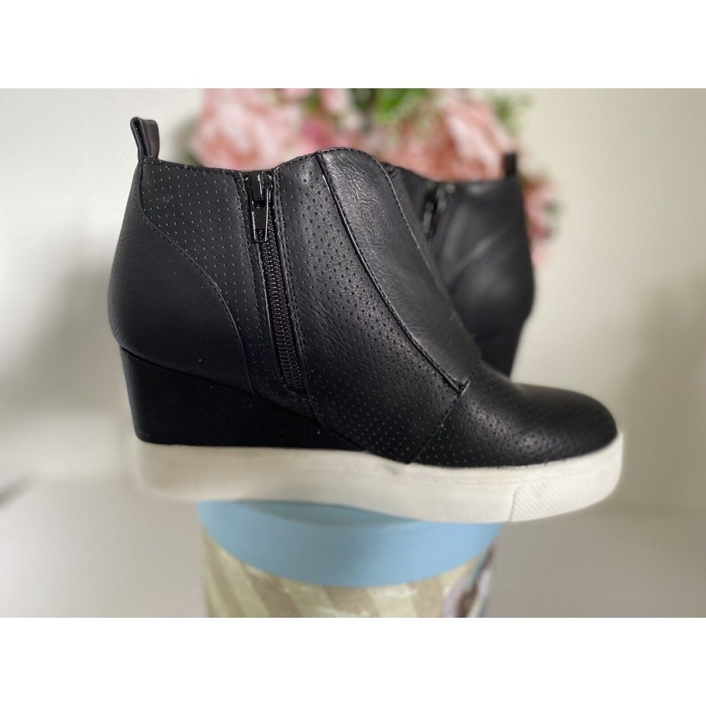 Increasing Height Heels Women Black Faux Leather Round Toe Wedge Ankle Boots New